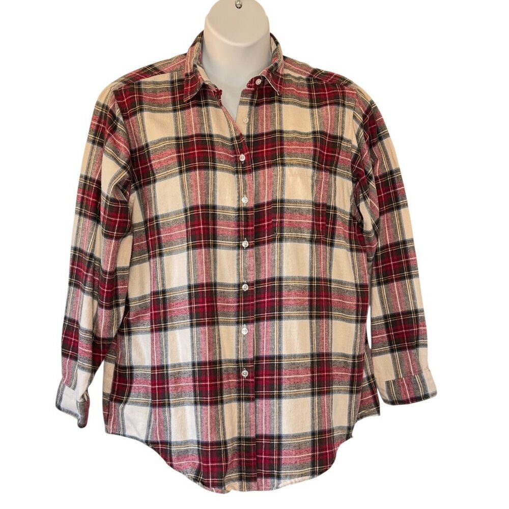 L.L. Bean Women's Flannel Shirt Vintage Red, White Black Plaid Chest Pocket  18